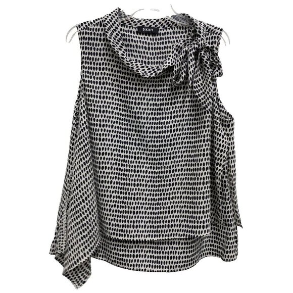Dkny Tops - DKNY Womens Sleeveless Top Large Black White Printed Layered Bow Tie Cowl Neck